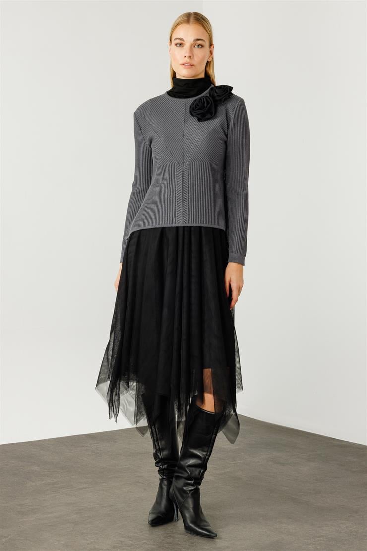 Modailgi  Eteği Asimetrik Tüllü Trikolu Elbise Gri