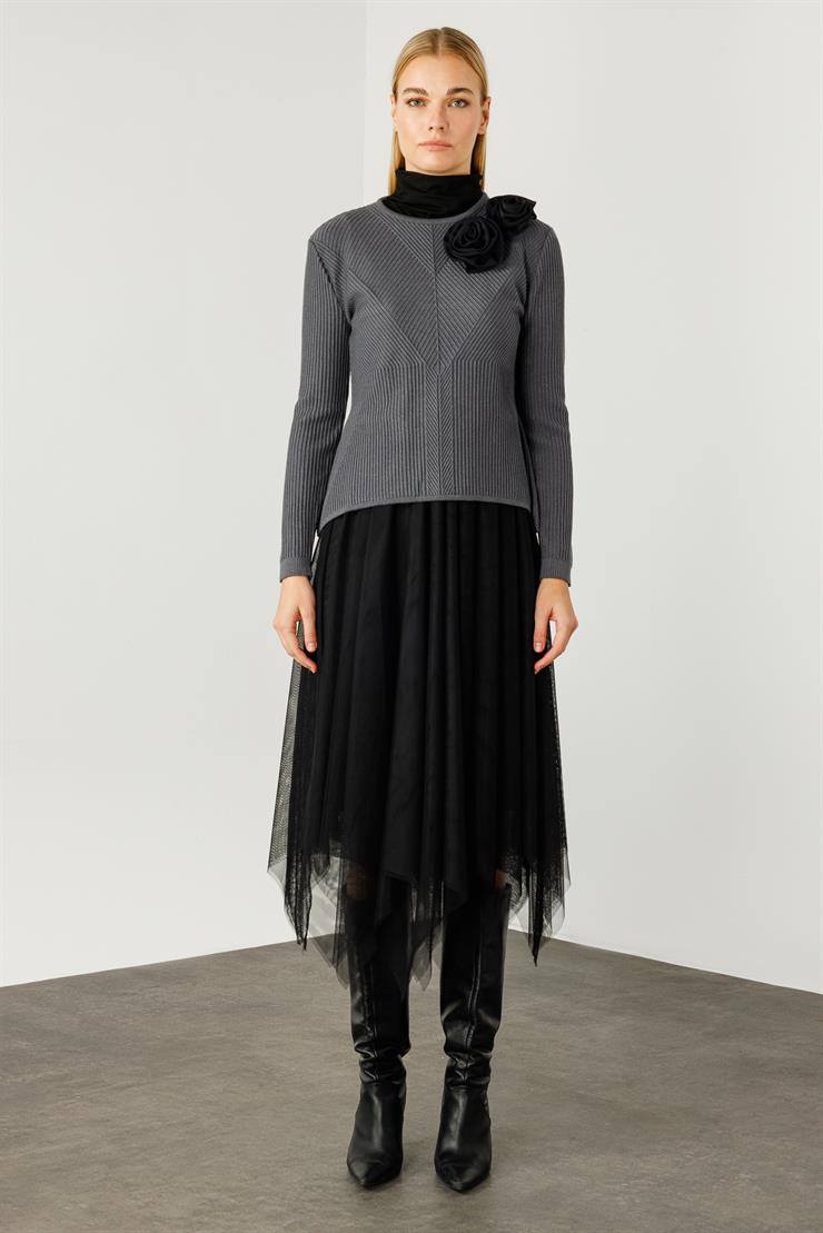 Modailgi  Eteği Asimetrik Tüllü Trikolu Elbise Gri