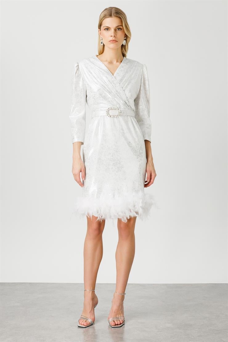 Modailgi  Eteği Otrişli Kısa Payet Elbise Ekru