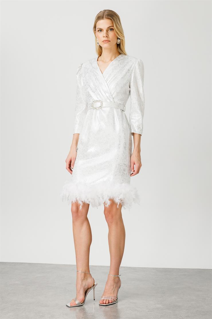 Modailgi  Eteği Otrişli Kısa Payet Elbise Ekru