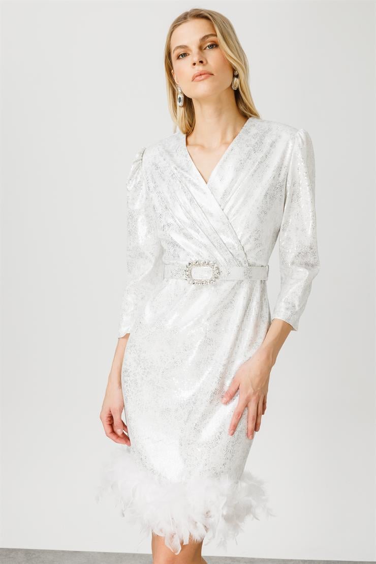 Modailgi  Eteği Otrişli Kısa Payet Elbise Ekru