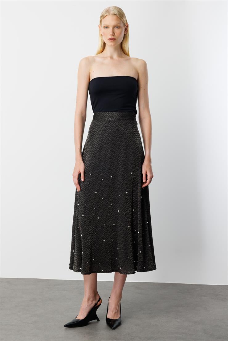 Modailgi  Eteği Taş Ve İnci İşlemeli Uzun Kloş Etek - 15038 Siyah