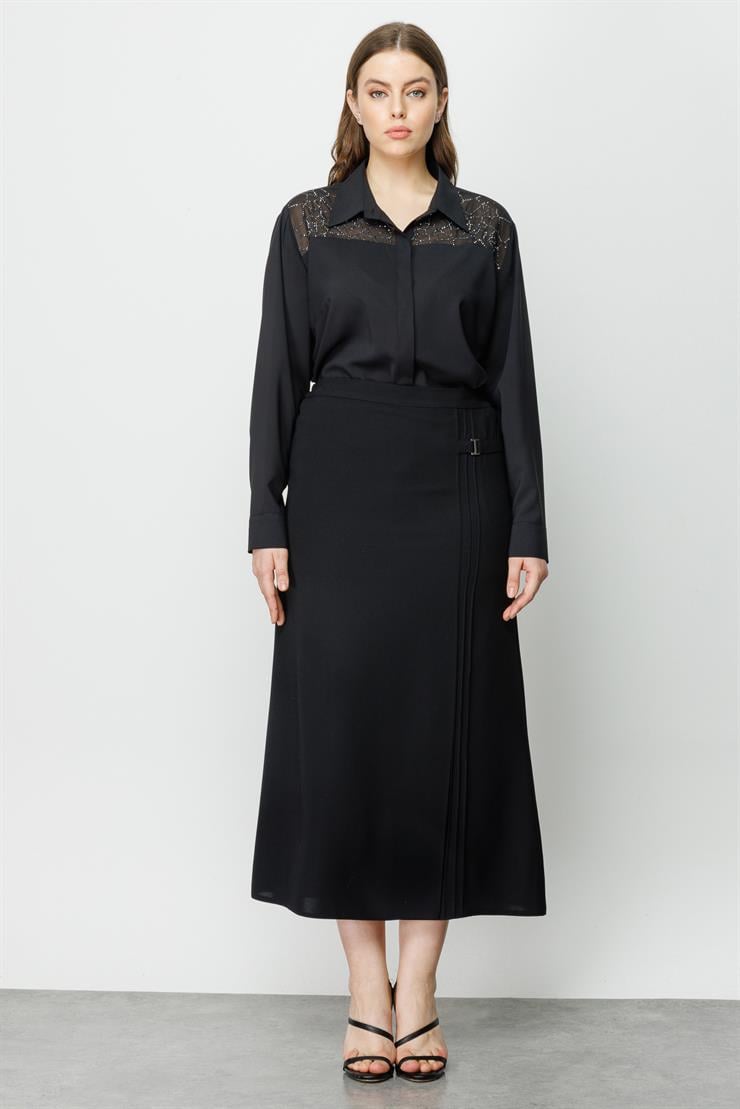 Modailgi  Aksesuarlı Yırtmaçlı Etek Siyah