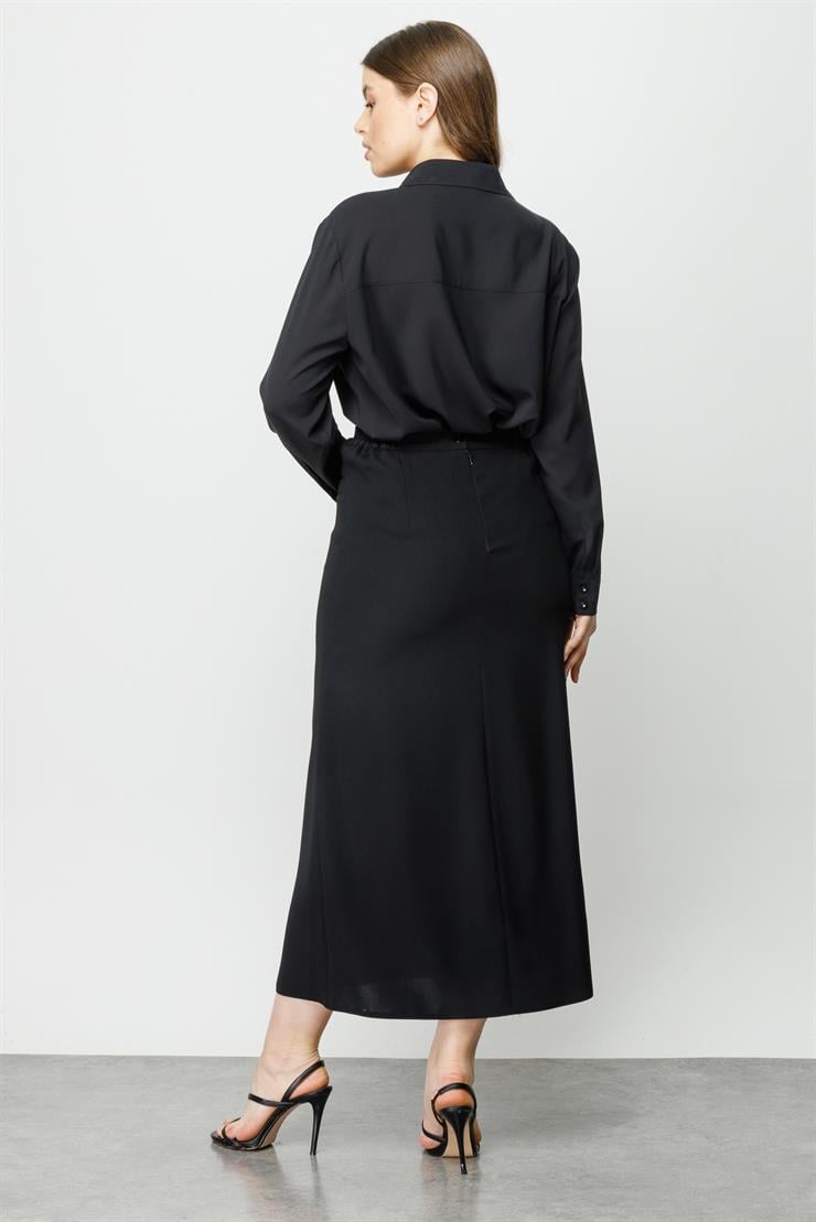 Modailgi  Aksesuarlı Yırtmaçlı Etek Siyah