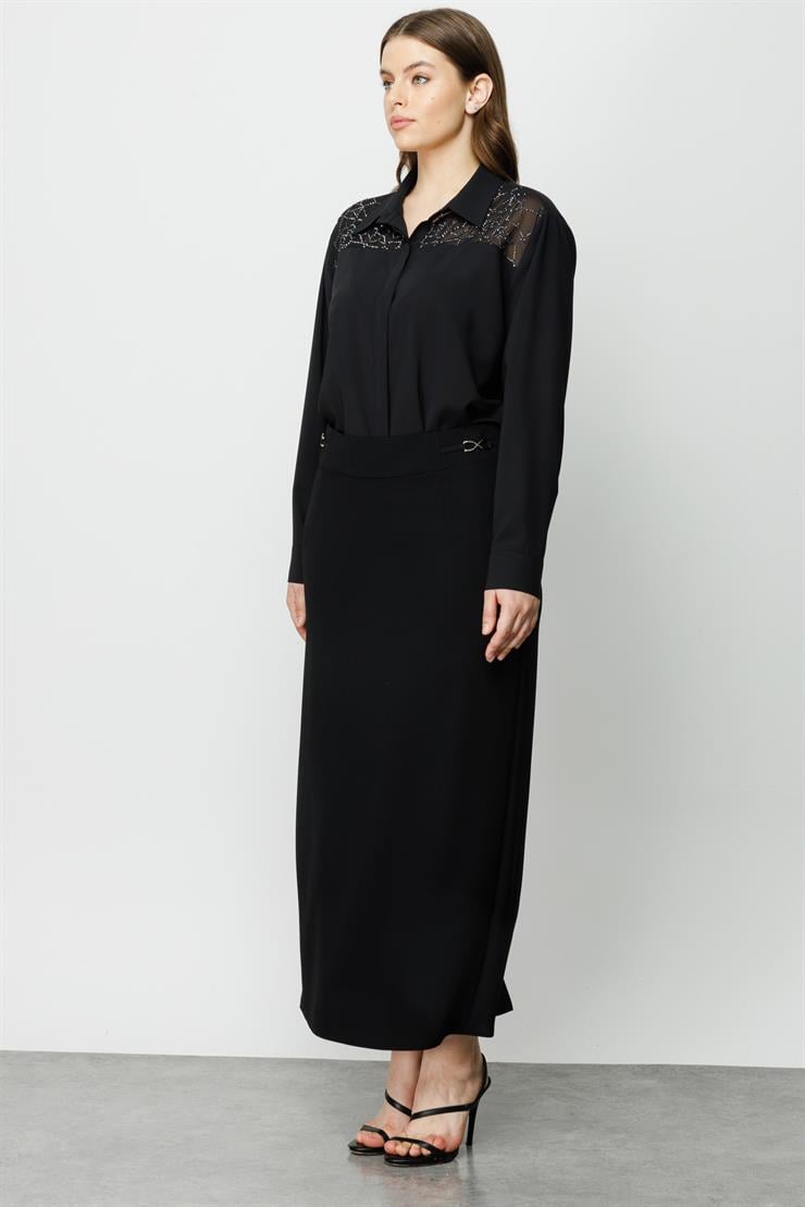 Modailgi  Yanları Metal Tokalı Uzun Etek Siyah