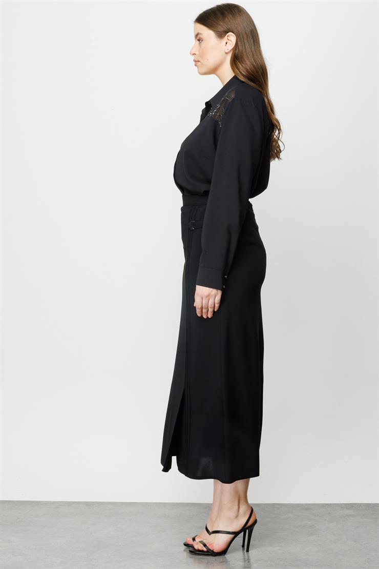 Modailgi  Aksesuarlı Yırtmaçlı Etek Siyah