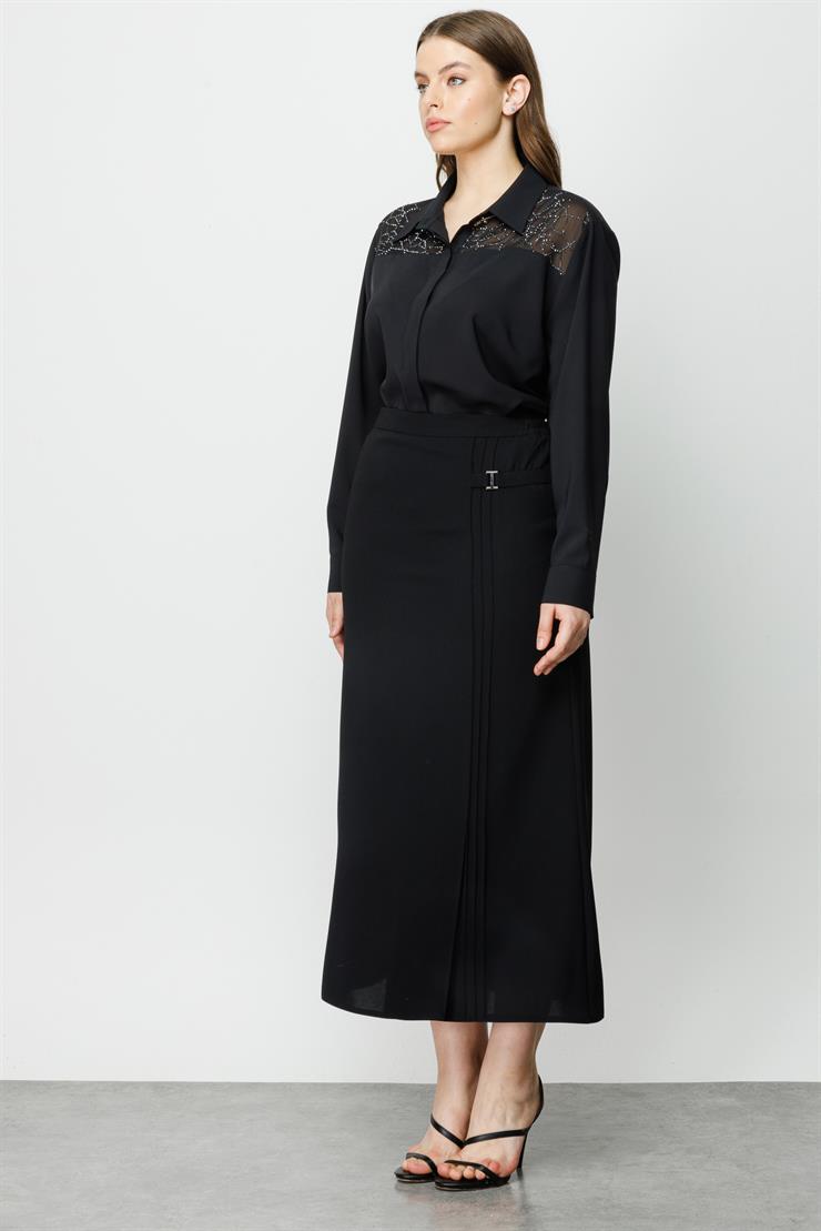 Modailgi  Aksesuarlı Yırtmaçlı Etek Siyah