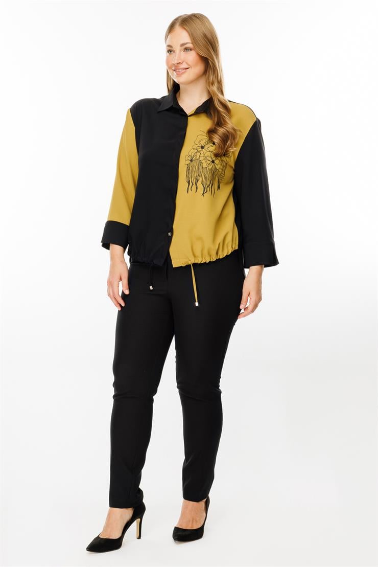 Modailgi  Etek Ucu Büzgülü Çiçek Baskılı Bluz Olive