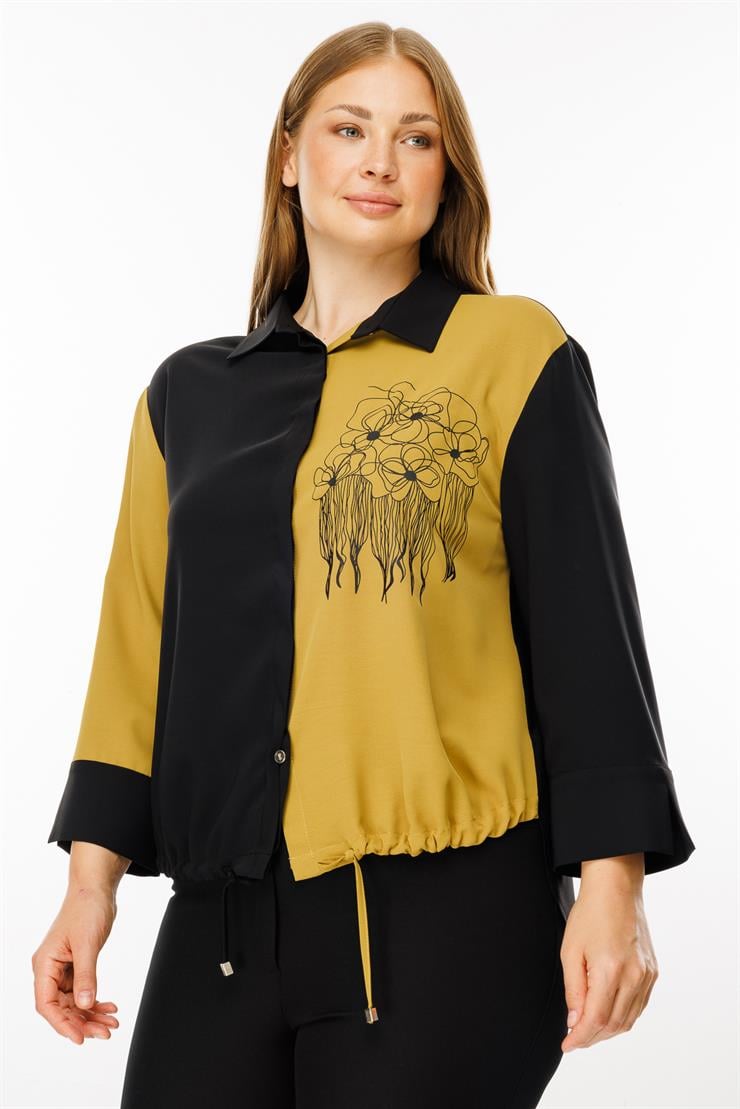 Modailgi  Etek Ucu Büzgülü Çiçek Baskılı Bluz Olive