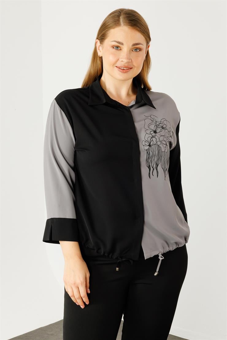 Modailgi  Etek Ucu Büzgülü Çiçek Baskılı Bluz Gri