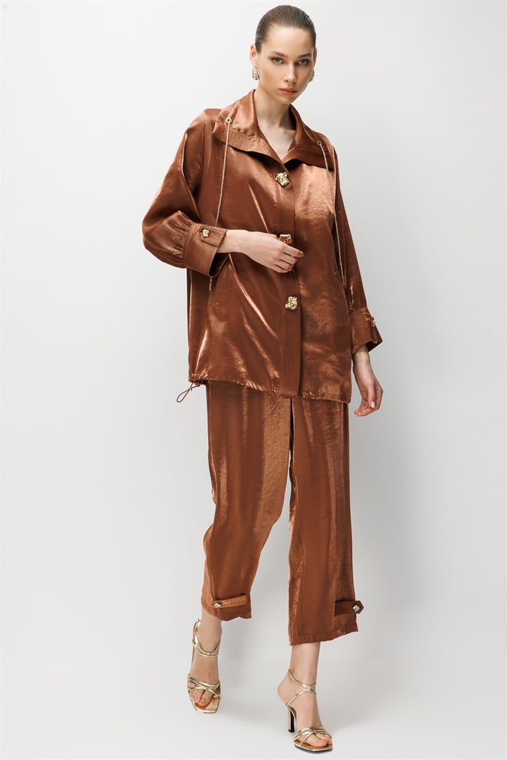 Modailgi  Etek Ucu Büzgülü Geniş Yaka Oversize Tunik - 40112 Kahve