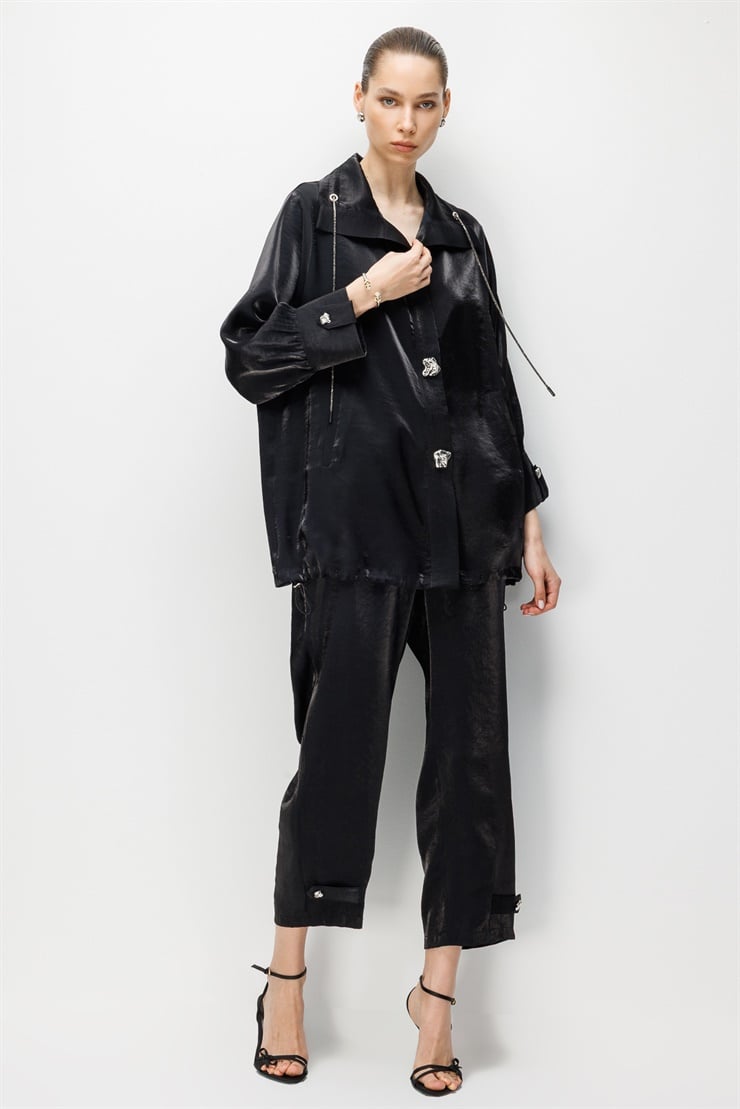 Modailgi  Etek Ucu Büzgülü Geniş Yaka Oversize Tunik - 40112 Siyah