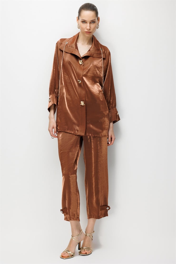 Modailgi  Etek Ucu Büzgülü Geniş Yaka Oversize Tunik - 40112 Kahve