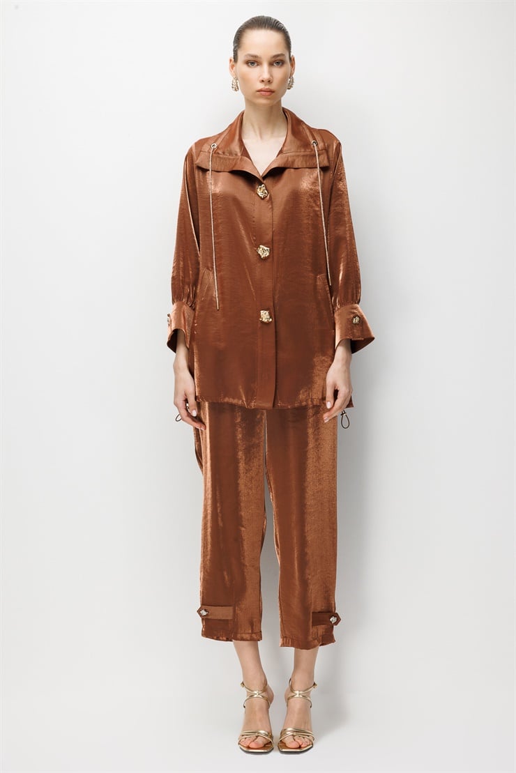 Modailgi  Etek Ucu Büzgülü Geniş Yaka Oversize Tunik - 40112 Kahve