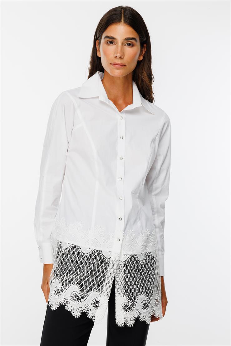 Modailgi  Etek Ucu Dantel İşlemeli Koton Gömlek Beyaz