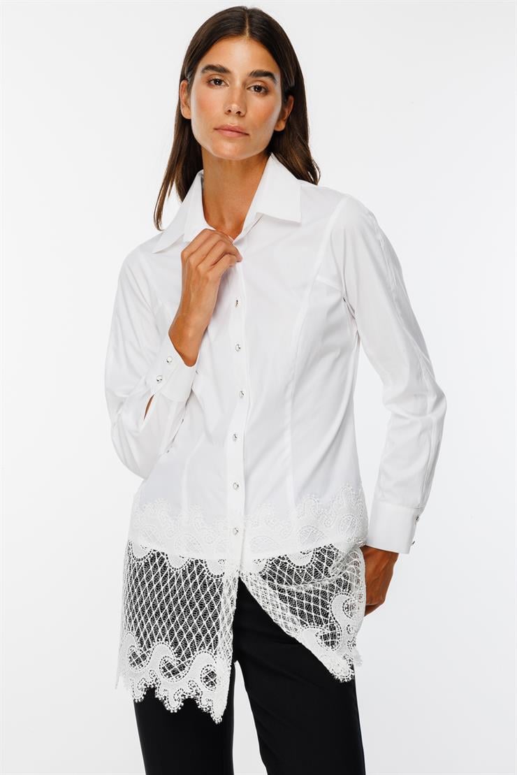 Modailgi  Etek Ucu Dantel İşlemeli Koton Gömlek Beyaz