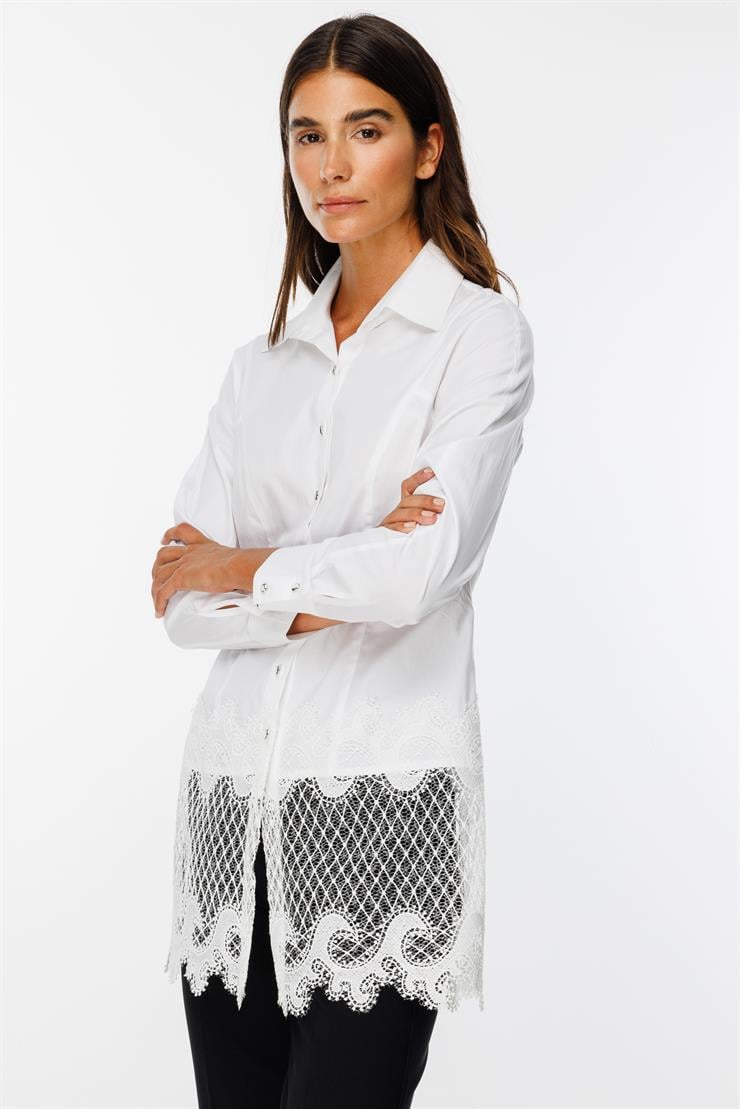 Modailgi  Etek Ucu Dantel İşlemeli Koton Gömlek Beyaz
