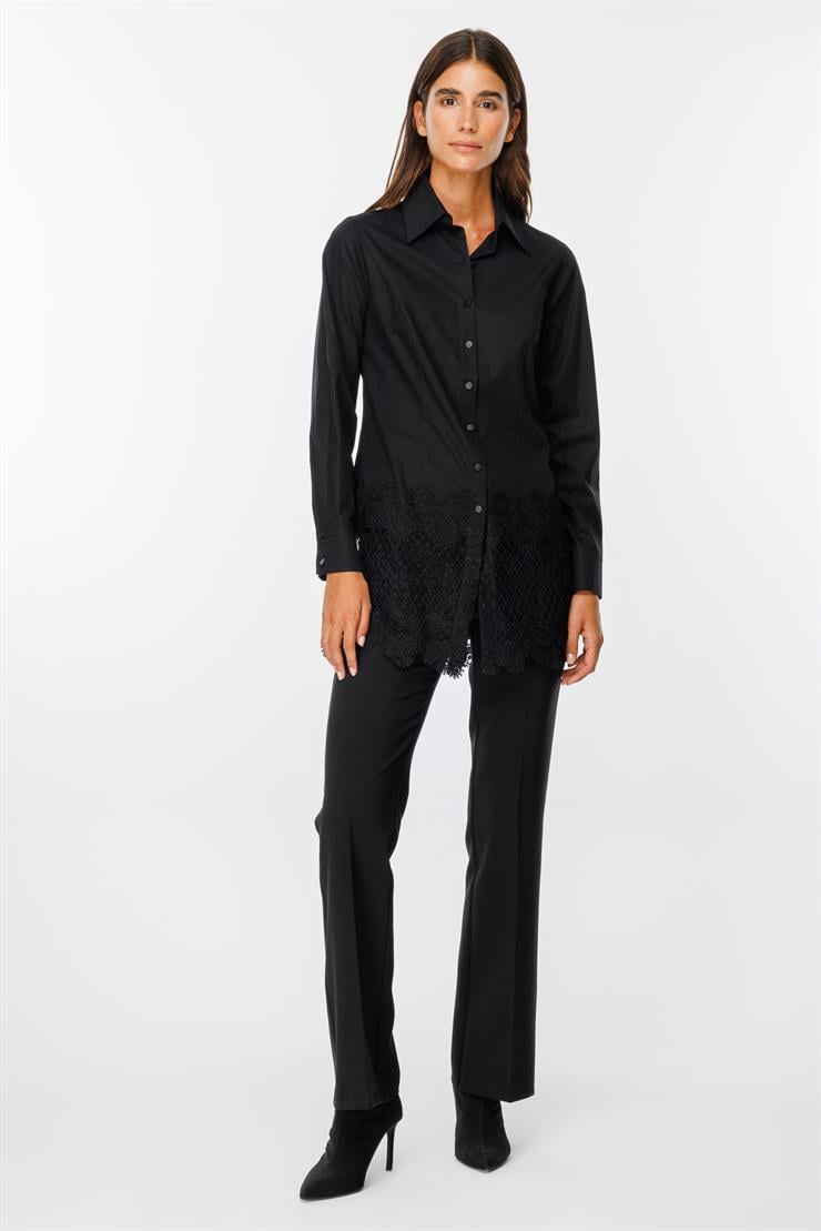 Modailgi  Etek Ucu Dantel İşlemeli Koton Gömlek Siyah