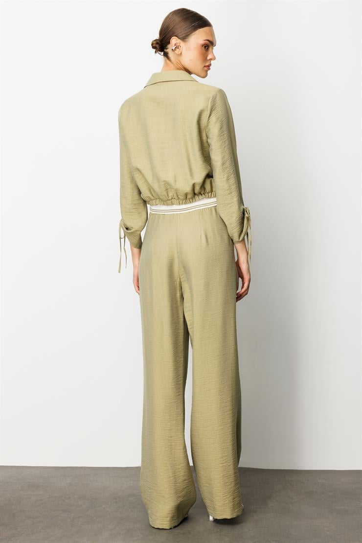 Modailgi  Etek Ucu Lastik ve Ribana Detaylı Bağlamalı Kısa Bluz Gömlek Yağ Yeşili