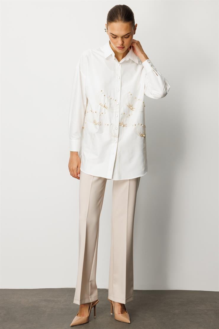 Modailgi  Etek Ucu Nakış Desenli İnci İşlemeli Rahat Kesim Gömlek Ekru