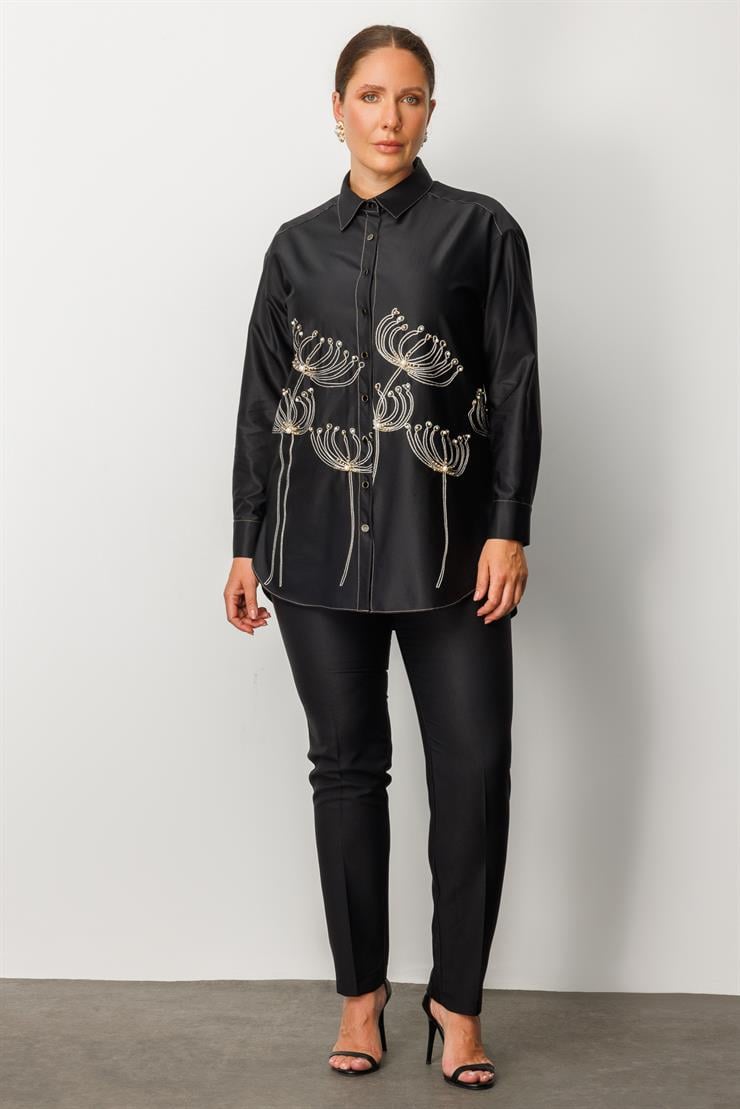 Modailgi  Etek Ucu Nakış Desenli İnci İşlemeli Gömlek Siyah