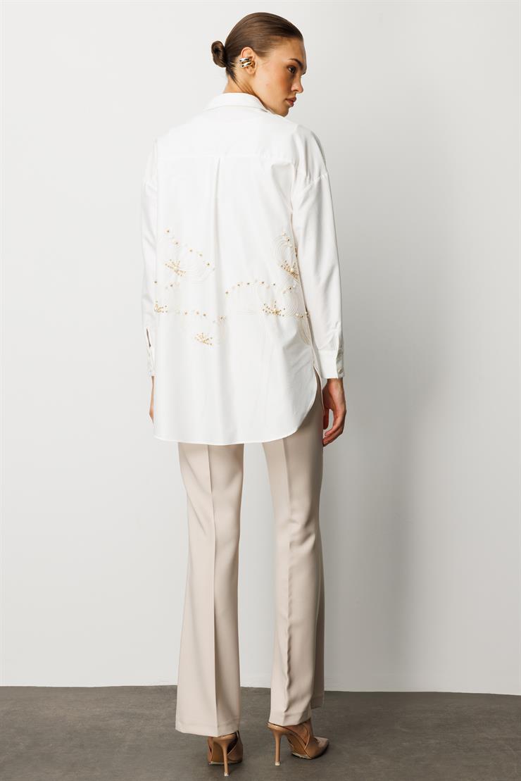 Modailgi  Etek Ucu Nakış Desenli İnci İşlemeli Rahat Kesim Gömlek Ekru