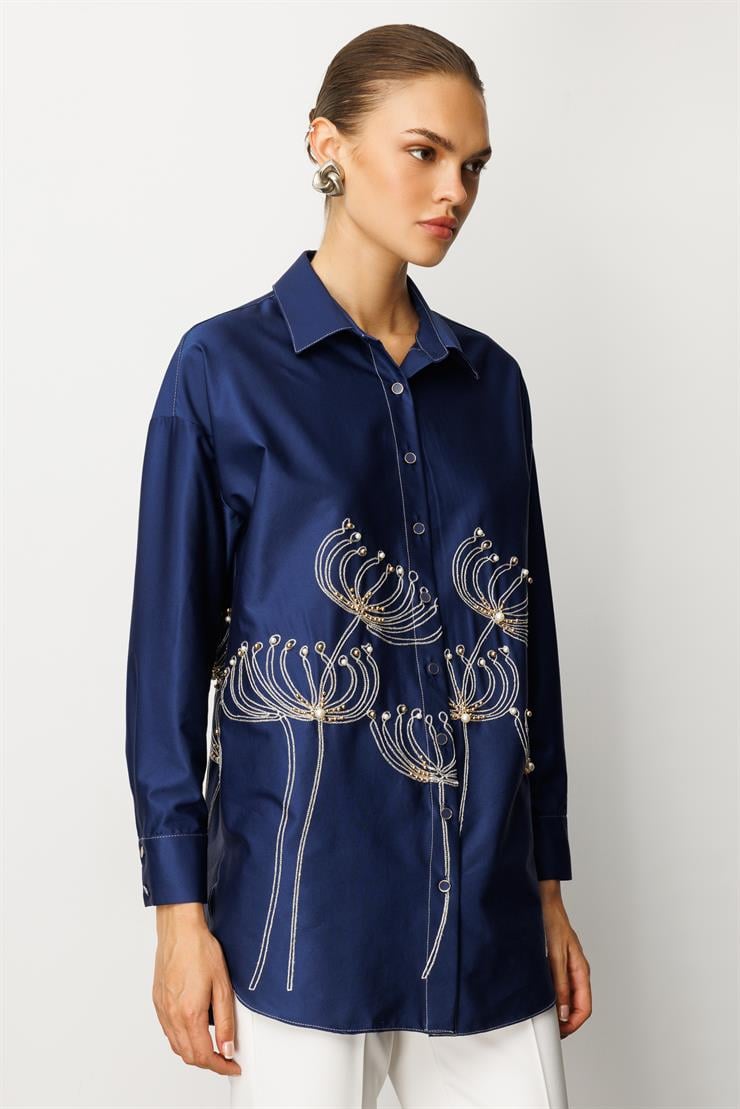 Modailgi  Etek Ucu Nakış Desenli İnci İşlemeli Rahat Kesim Gömlek Lacivert