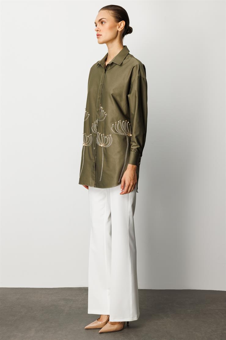 Modailgi  Etek Ucu Nakış Desenli İnci İşlemeli Rahat Kesim Gömlek Haki