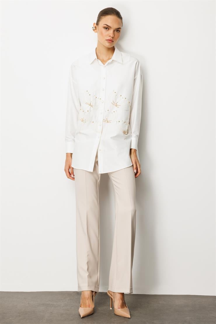 Modailgi  Etek Ucu Nakış Desenli İnci İşlemeli Rahat Kesim Gömlek Ekru
