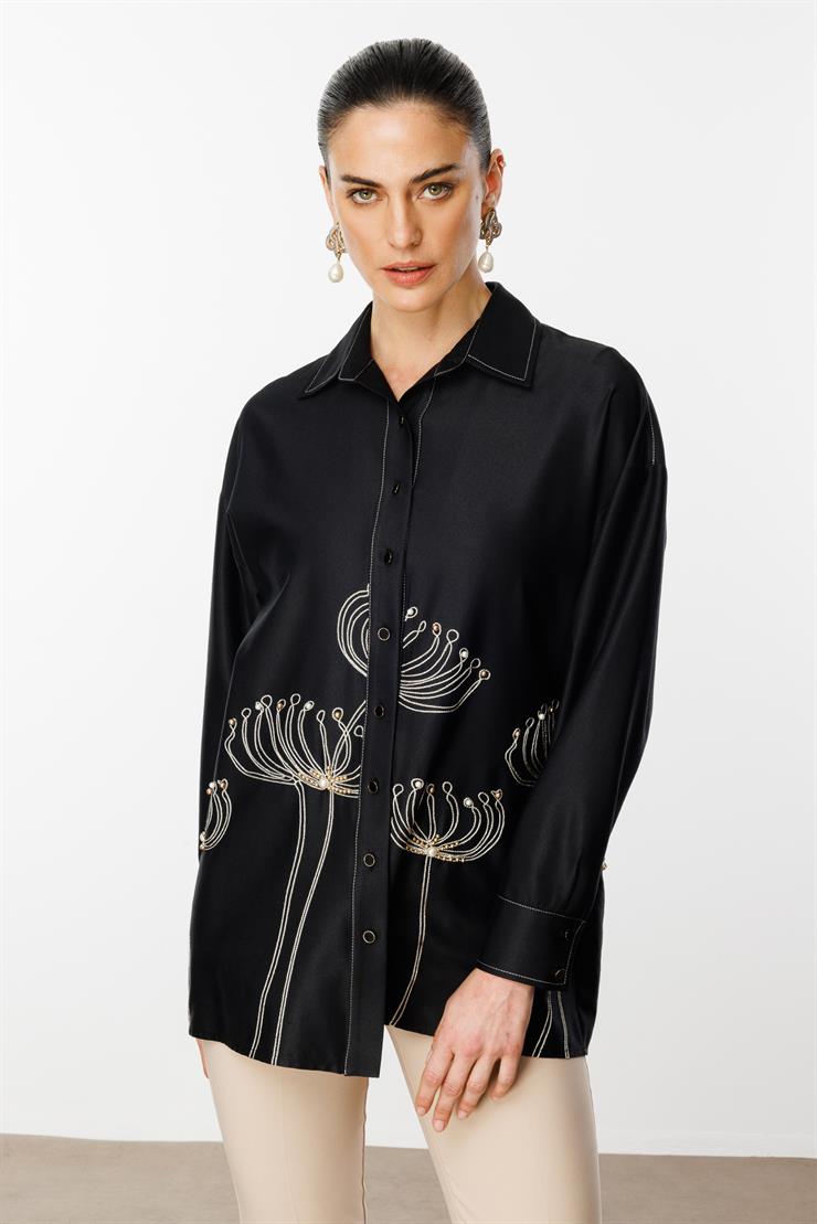 Modailgi  Etek Ucu Nakış Desenli İnci İşlemeli Rahat Kesim Gömlek Orijinal