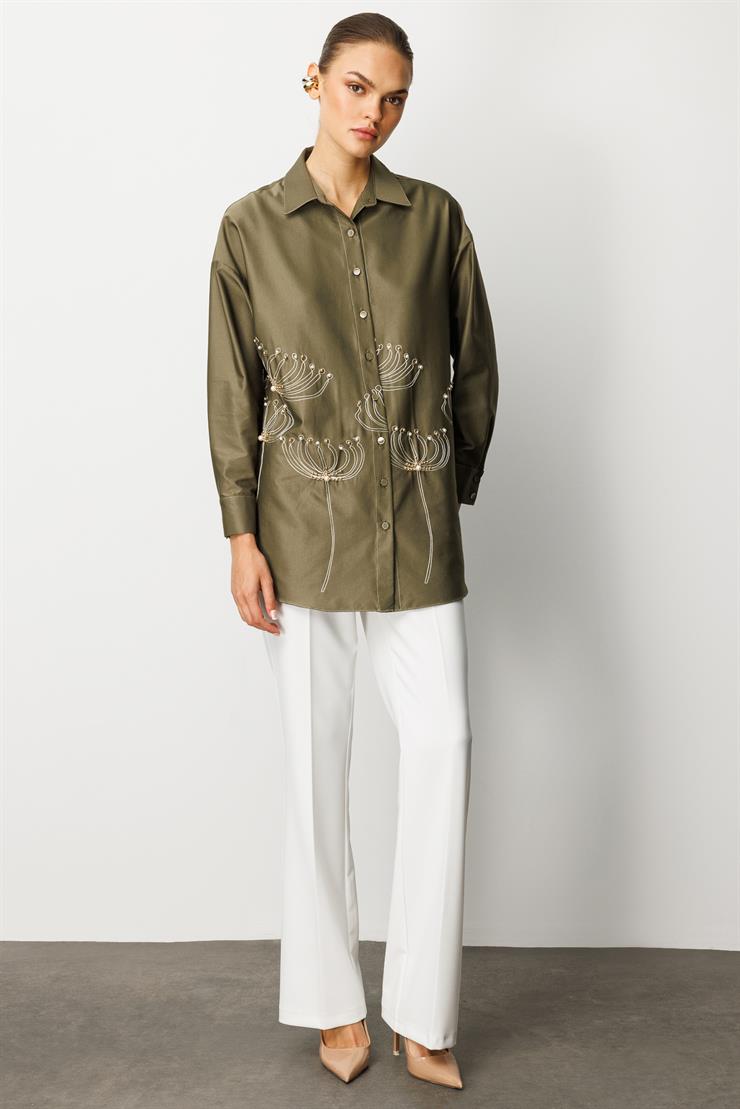 Modailgi  Etek Ucu Nakış Desenli İnci İşlemeli Rahat Kesim Gömlek Haki