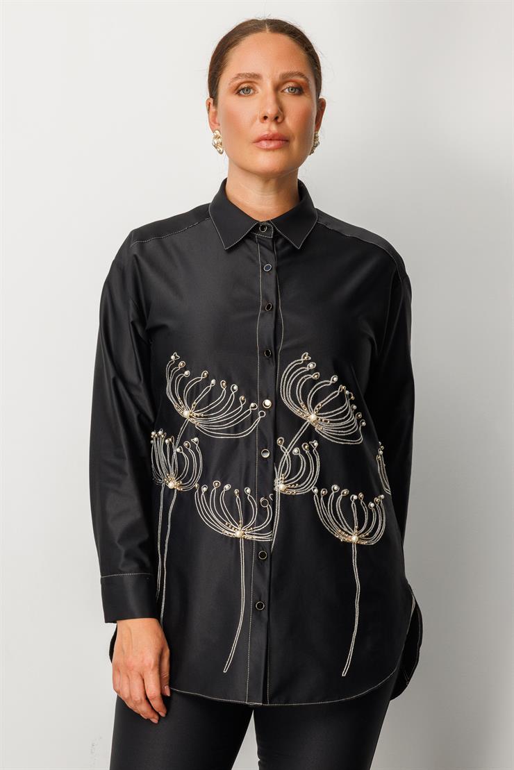 Modailgi  Etek Ucu Nakış Desenli İnci İşlemeli Gömlek Siyah
