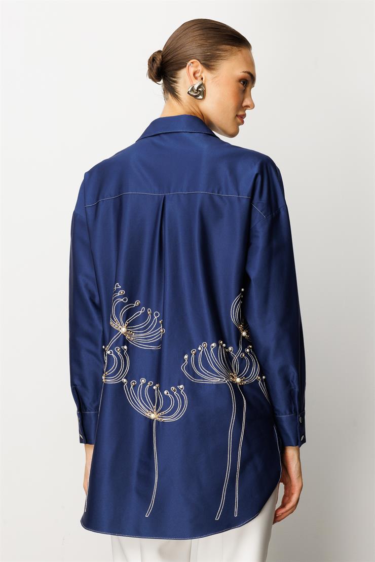 Modailgi  Etek Ucu Nakış Desenli İnci İşlemeli Rahat Kesim Gömlek Lacivert