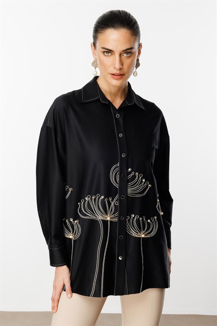 Modailgi  Etek Ucu Nakış Desenli İnci İşlemeli Rahat Kesim Gömlek Orijinal