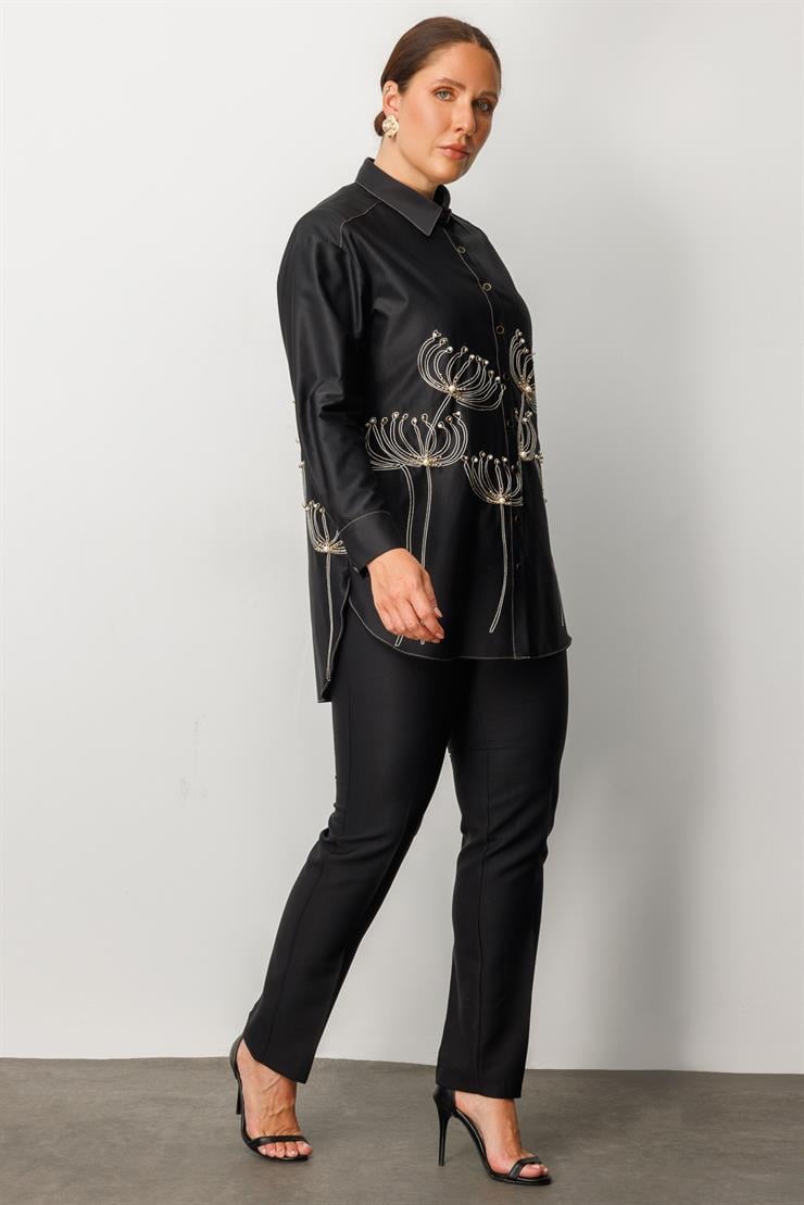 Modailgi  Etek Ucu Nakış Desenli İnci İşlemeli Gömlek Siyah