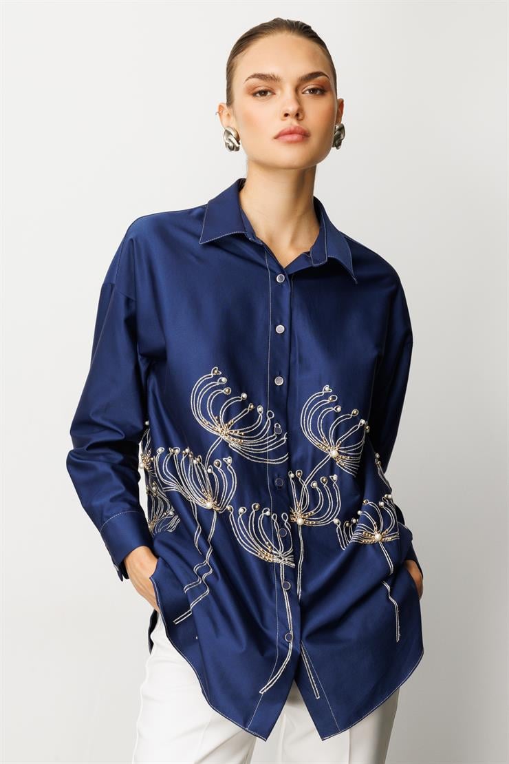 Modailgi  Etek Ucu Nakış Desenli İnci İşlemeli Rahat Kesim Gömlek Lacivert
