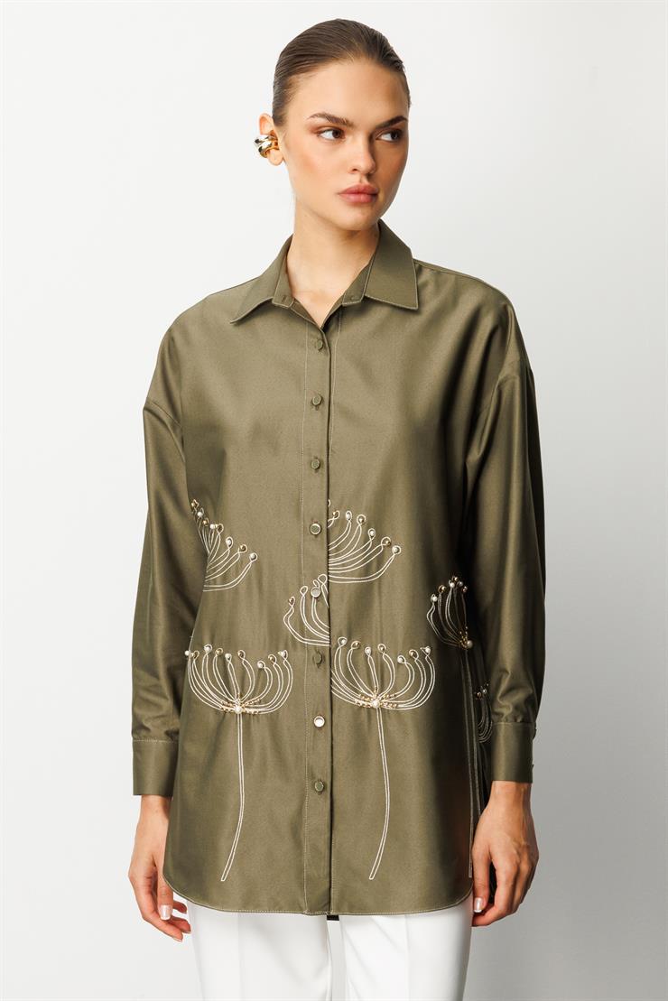 Modailgi  Etek Ucu Nakış Desenli İnci İşlemeli Rahat Kesim Gömlek Haki