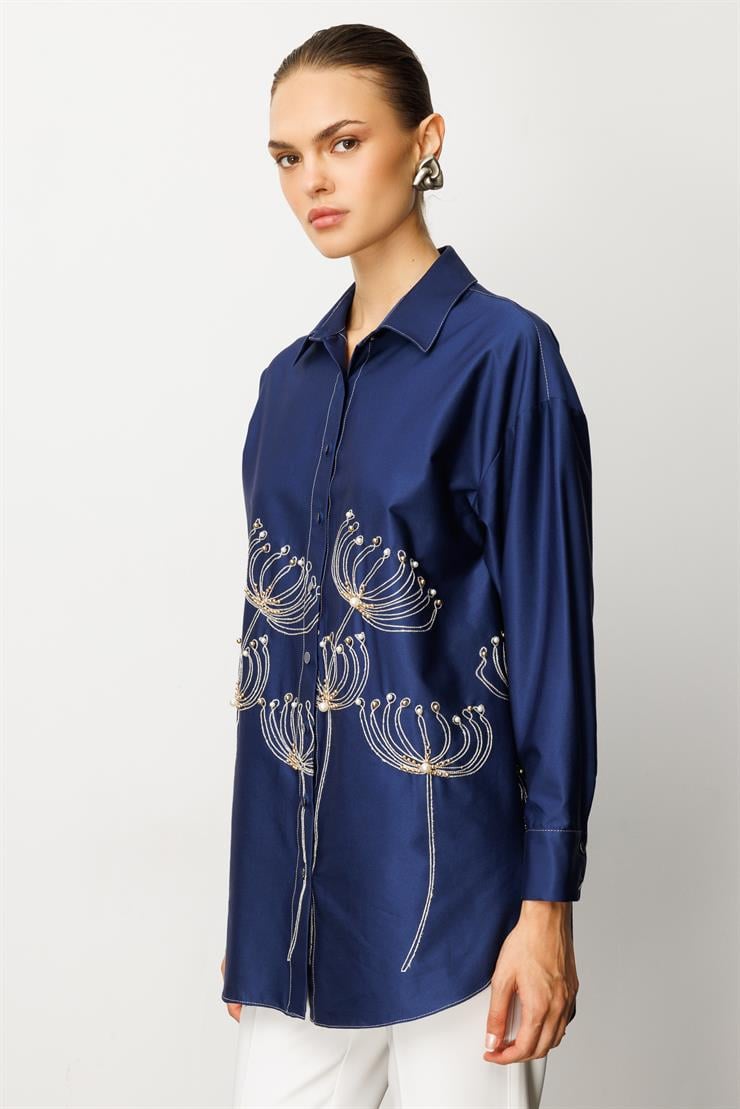 Modailgi  Etek Ucu Nakış Desenli İnci İşlemeli Rahat Kesim Gömlek Lacivert