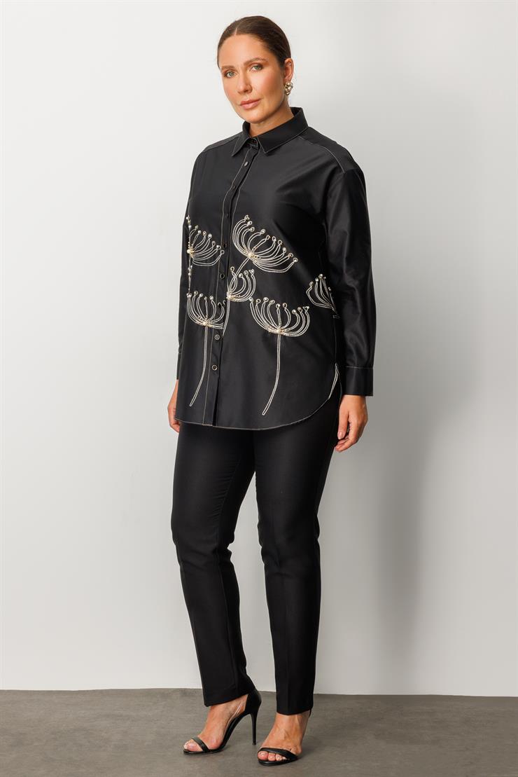 Modailgi  Etek Ucu Nakış Desenli İnci İşlemeli Gömlek Siyah
