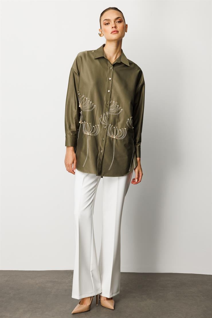 Modailgi  Etek Ucu Nakış Desenli İnci İşlemeli Rahat Kesim Gömlek Haki