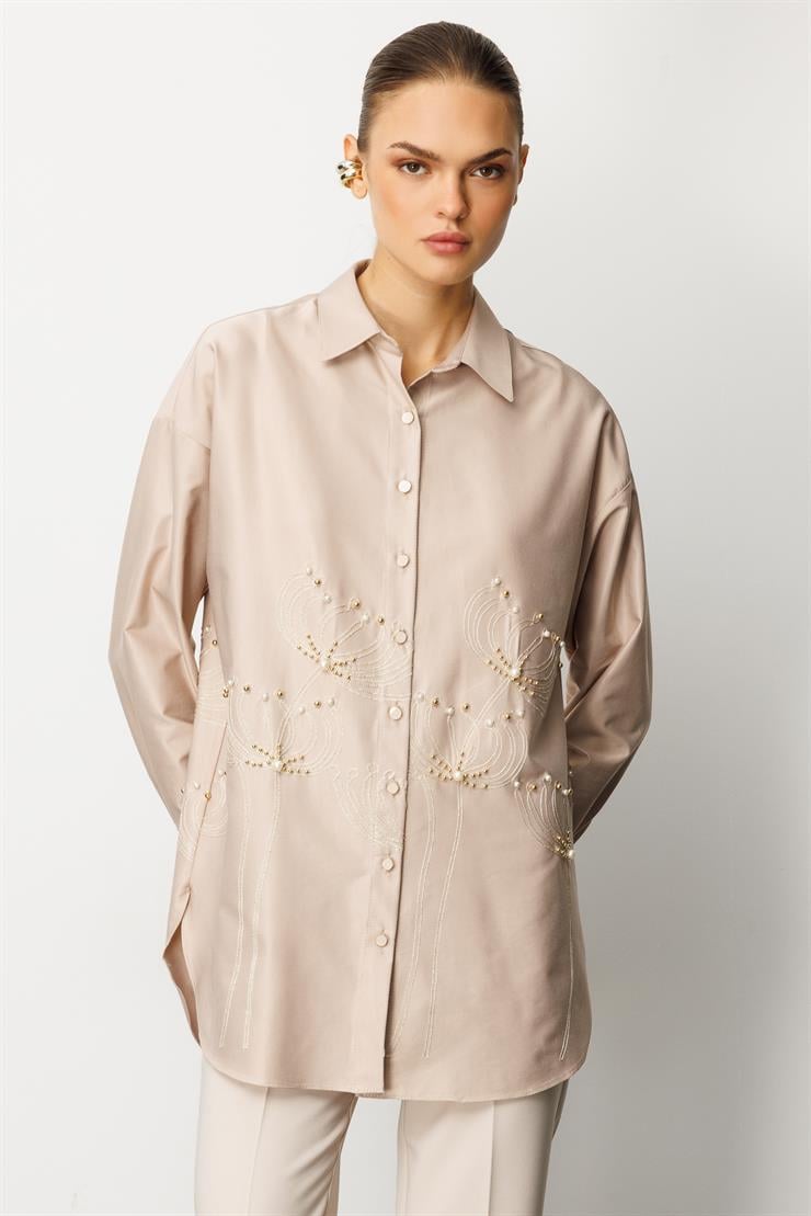 Modailgi  Etek Ucu Nakış Desenli İnci İşlemeli Rahat Kesim Gömlek Taş