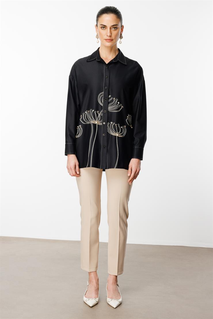 Modailgi  Etek Ucu Nakış Desenli İnci İşlemeli Rahat Kesim Gömlek Orijinal