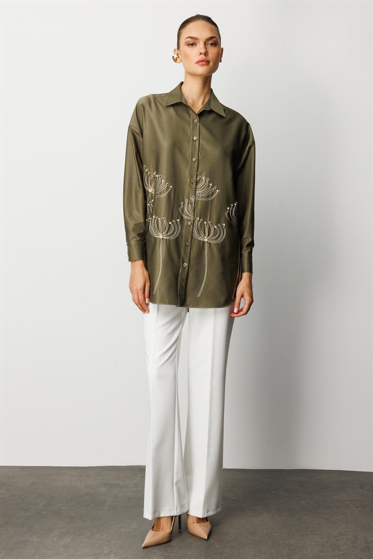 Modailgi  Etek Ucu Nakış Desenli İnci İşlemeli Rahat Kesim Gömlek Haki