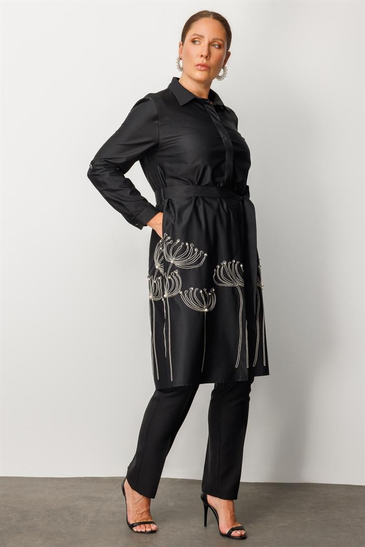 Modailgi  Etek Ucu Nakış İnci İşlemeli Kuşaklı Tunik Orijinal