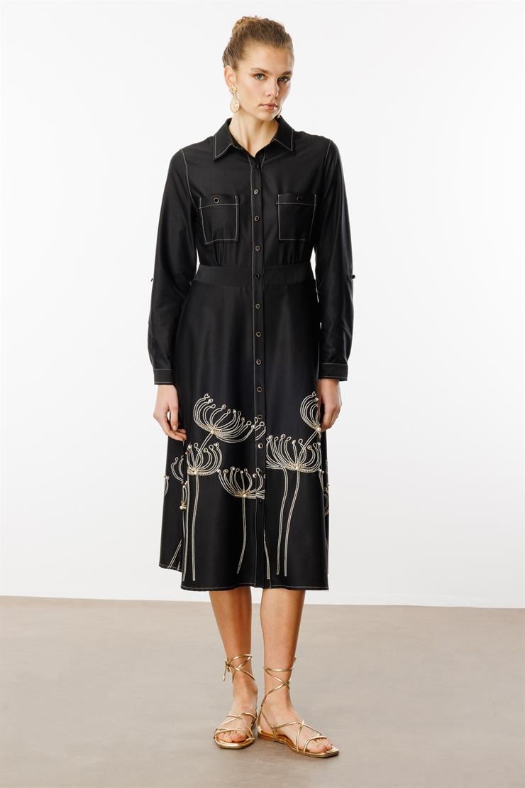 Modailgi  Etek Ucu Nakış İnci İşlemeli Cepli Elbise Orijinal