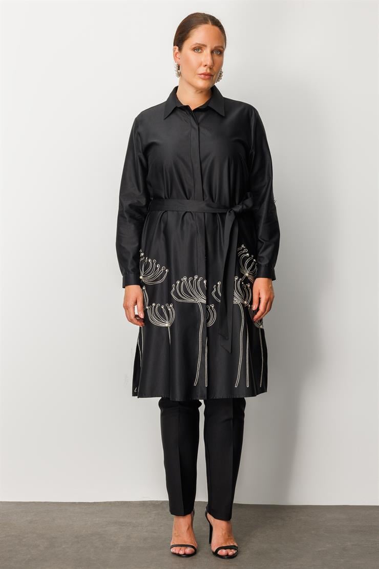 Modailgi  Etek Ucu Nakış İnci İşlemeli Kuşaklı Tunik Orijinal