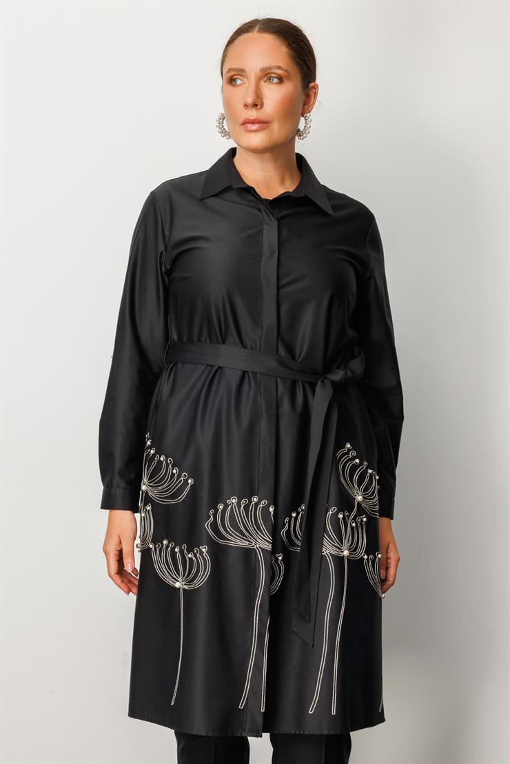 Modailgi  Etek Ucu Nakış İnci İşlemeli Kuşaklı Tunik Orijinal