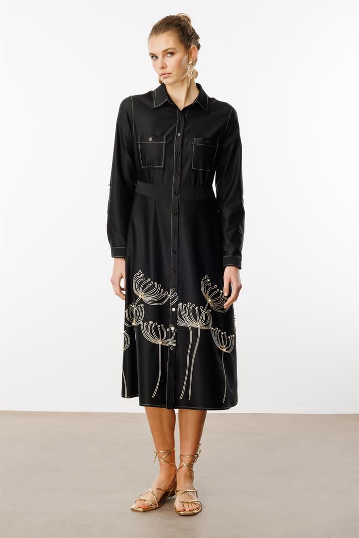 Modailgi  Etek Ucu Nakış İnci İşlemeli Cepli Elbise Orijinal