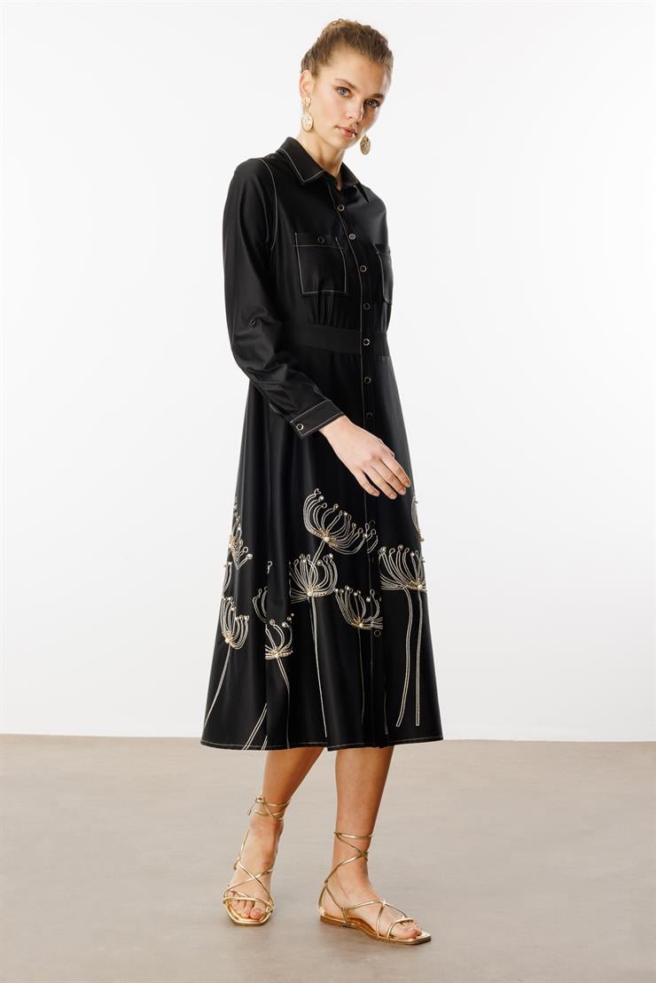 Modailgi  Etek Ucu Nakış İnci İşlemeli Cepli Elbise Orijinal