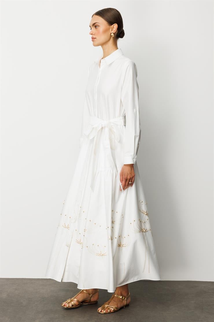 Modailgi  Etek Ucu Nakış ve İşlemeli Beli Lastikli Kuşaklı Safari Kol Uzun Elbise Ekru